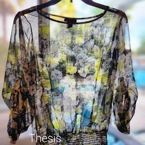 Sheer floral pattern black and lime green top